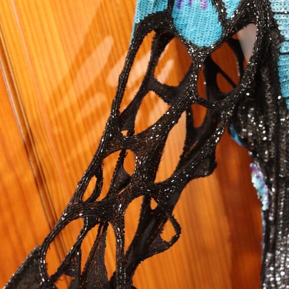 Vintage 80s Silk Sequin Peacock Butterfly Evening Gown Maxi Dress - Picture 4 of 16